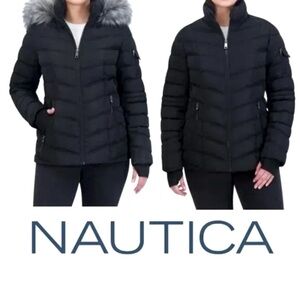 NEW- NAUTICA  Women's Black Puffer Jacket with Faux Fur Hood